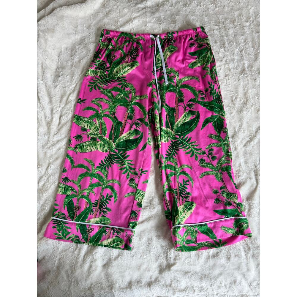Room Service Palm Print Pajama Set Pink Green Tropical Resort Lounge L - Picture 5 of 5